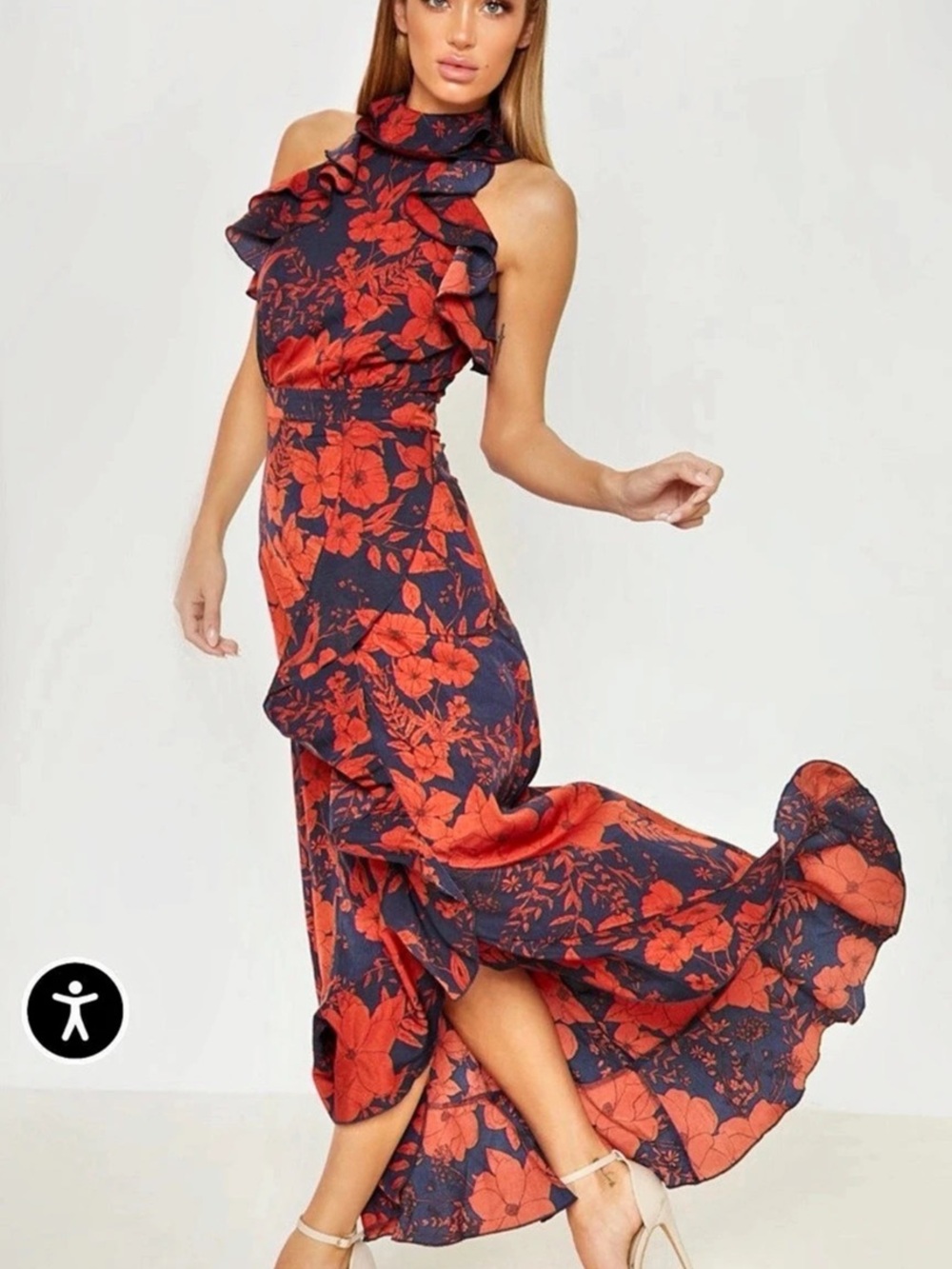 PrettyLittleThing Floral Ruffle Maxi Dress in Blue & Red Size Medium Like New
